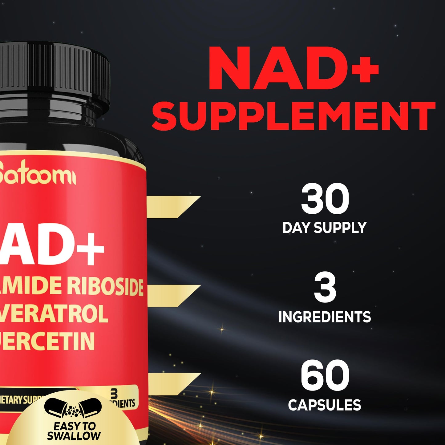 Satoomi NAD Supplement with Nicotinamide Riboside NR, Resveratrol, Quercetin - 60 Count - 30 Days