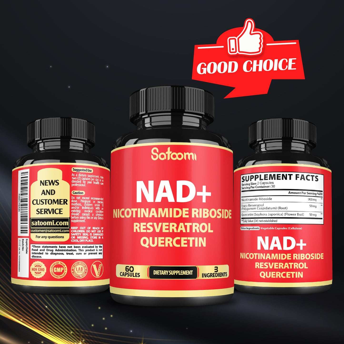 Satoomi NAD Supplement with Nicotinamide Riboside NR, Resveratrol, Quercetin - 60 Count - 30 Days
