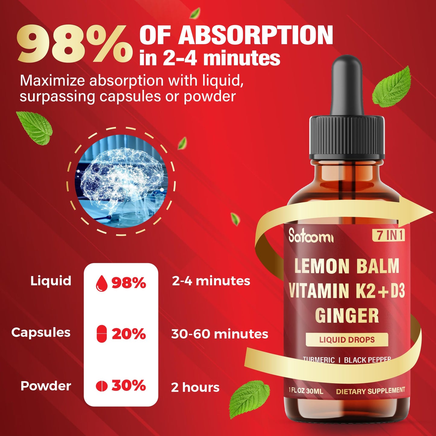 Satoomi 7in1 Lemon Balm Tincture with D3, K2, Ginger, Turmeric, Cinnamon & Black Pepper – 1 fl oz, 60 Day Supply