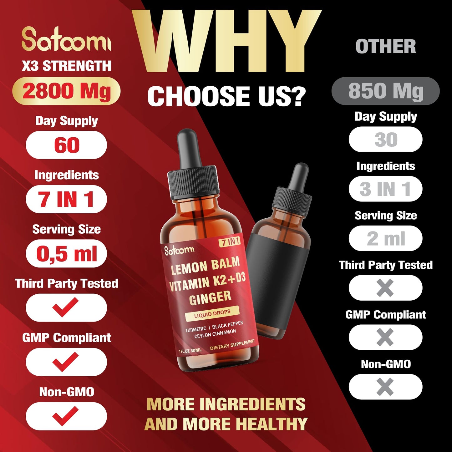 Satoomi 7in1 Lemon Balm Tincture with D3, K2, Ginger, Turmeric, Cinnamon & Black Pepper – 1 fl oz, 60 Day Supply