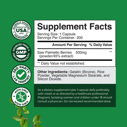 Extra Strength Saw Palmetto Extract 500mg | Hair Health & Urinary Support