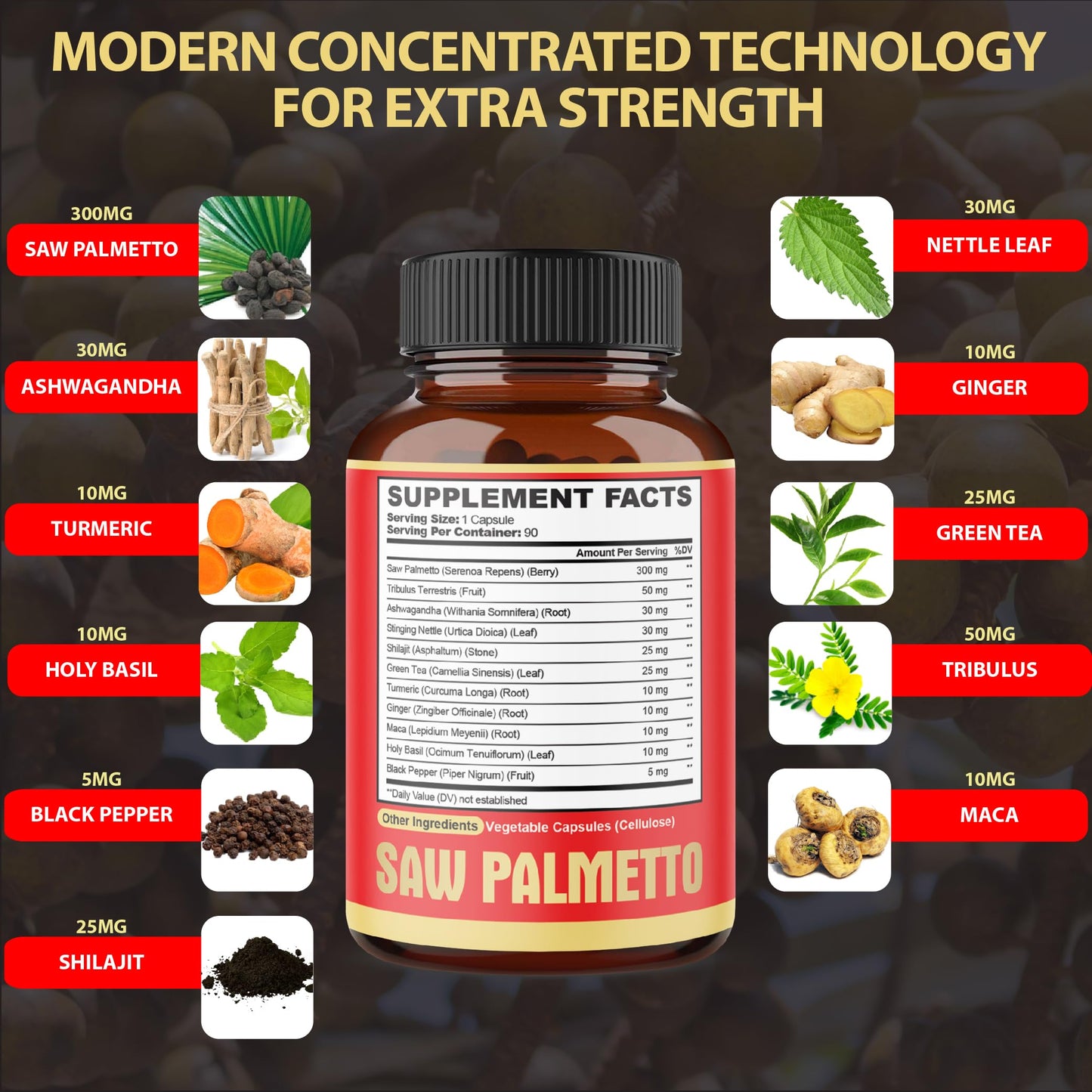 Premium Saw Palmetto Capsules with Ashwagandha, Turmeric & More | 90 Capsules (3-Month Supply)