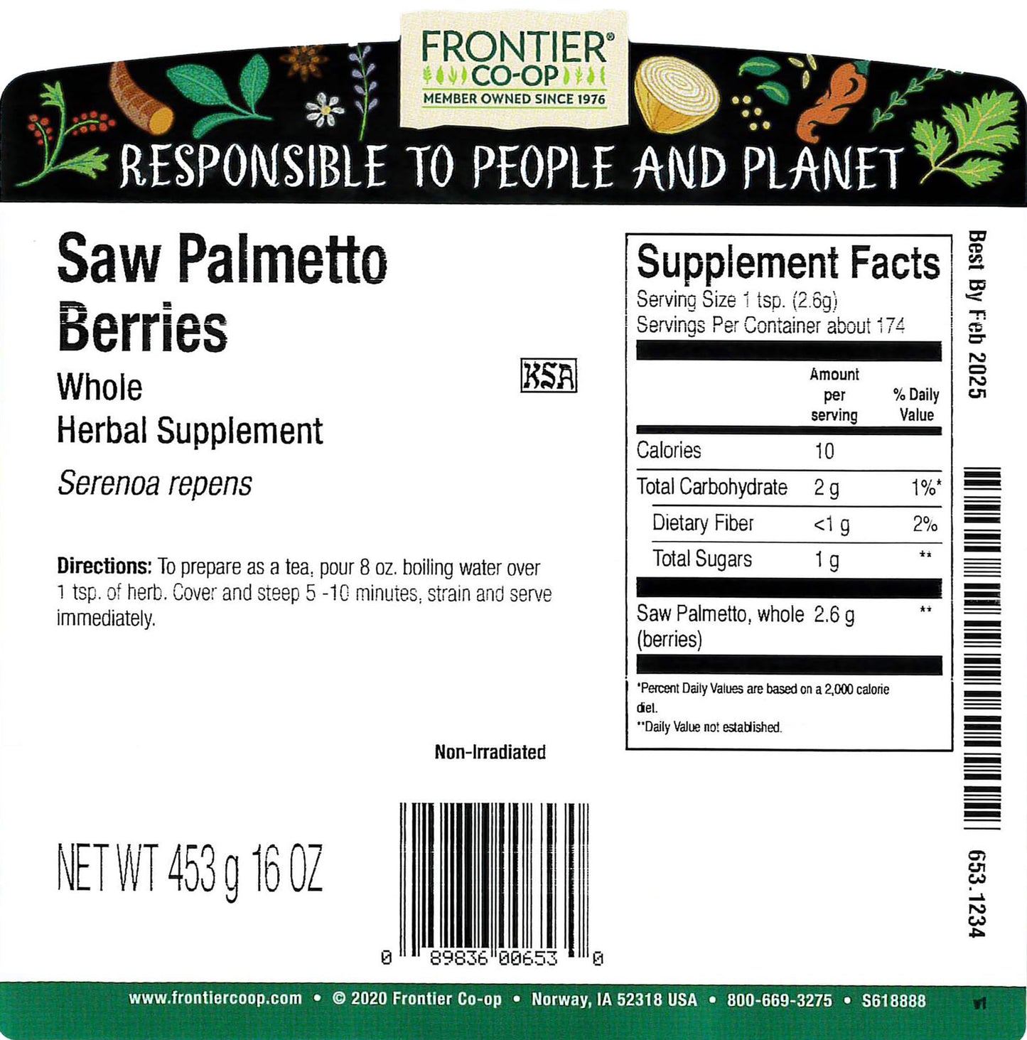 Frontier Co-op Saw Palmetto Berries 1lb Bulk Bag – Whole, Wildcrafted, Rich in Fatty Acids