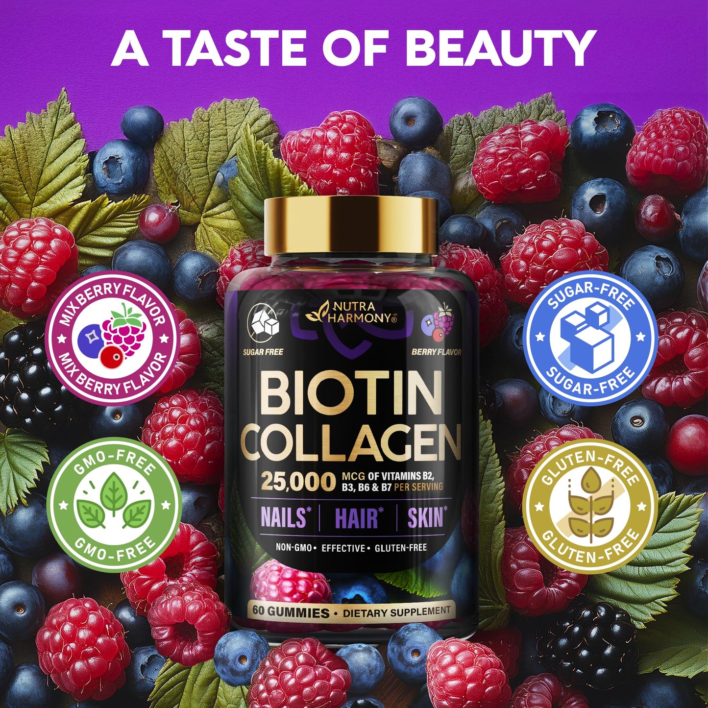 Biotin Gummies with Collagen 10,000 mcg – Hair, Skin & Nails Support (Sugar-Free, Mixed Berry) 60 Gummies