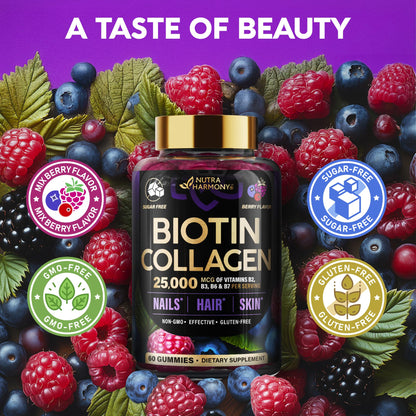 Biotin Gummies with Collagen 10,000 mcg – Hair, Skin & Nails Support (Sugar-Free, Mixed Berry) 60 Gummies