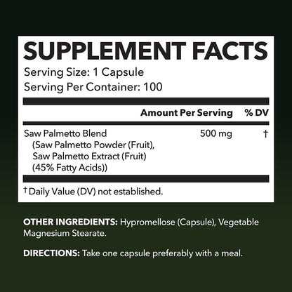 Saw Palmetto for Men Prostate Health - 500mg, 100 Count, Vegan, Non-GMO