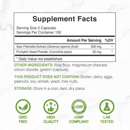 Saw Palmetto + Pumpkin Seed – 300 Capsules | Prostate Health & Hair Support
