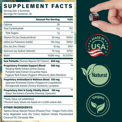 Saw Palmetto Gummies for Men – 600mg DHT Blocker with Biotin & Pumpkin Seed, 60 Gummies