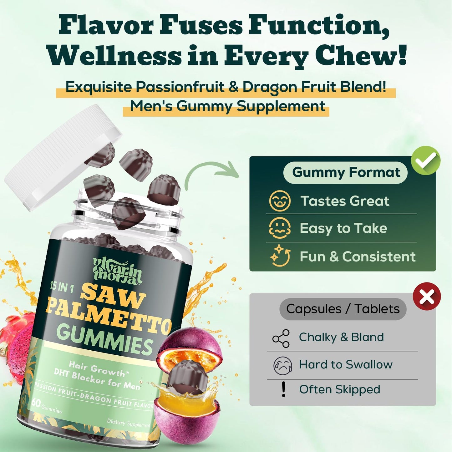 Saw Palmetto Gummies for Men – 600mg DHT Blocker with Biotin & Pumpkin Seed, 60 Gummies