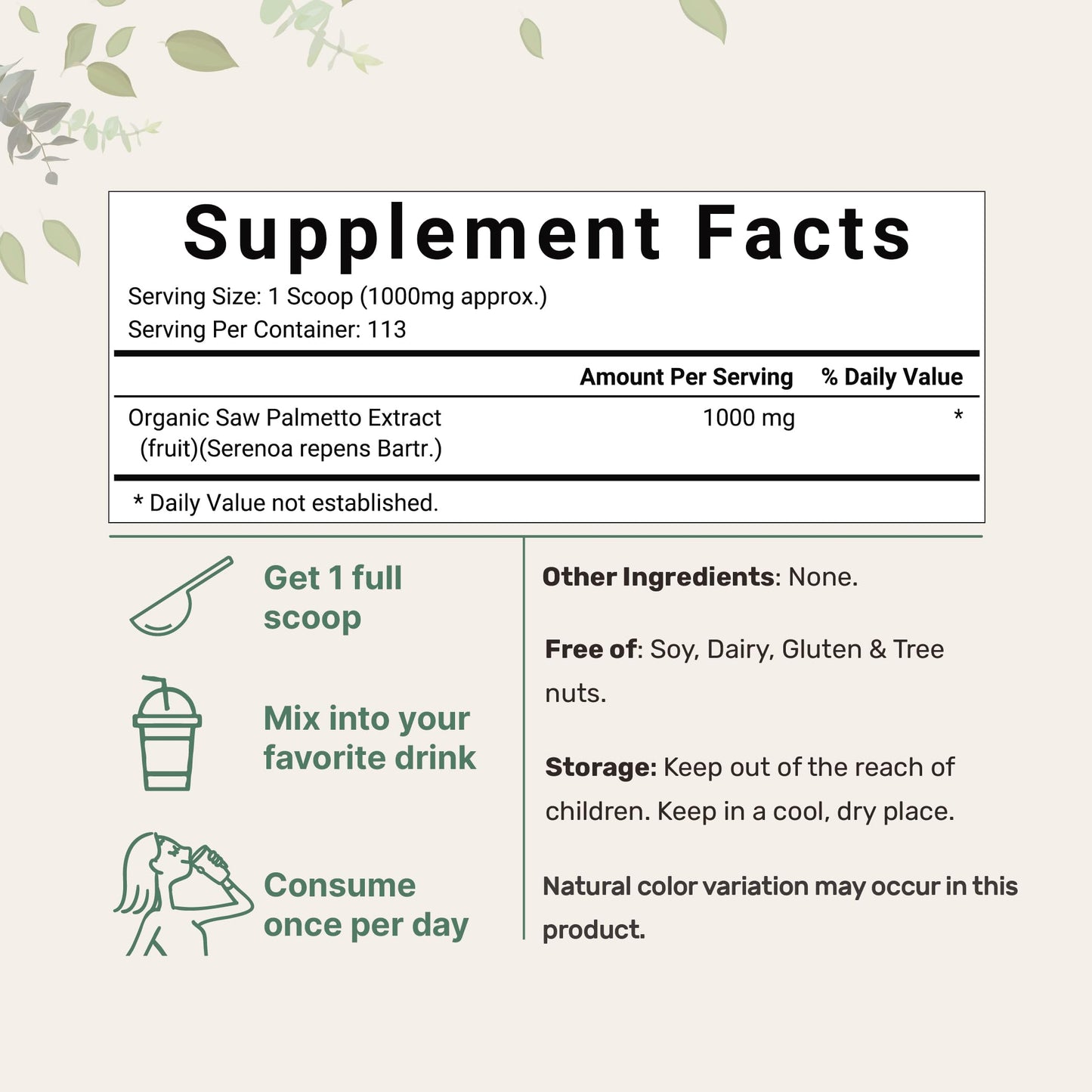 Sustainably Grown Organic Saw Palmetto Powder, 4 oz – Prostate & Hair Growth Supplement