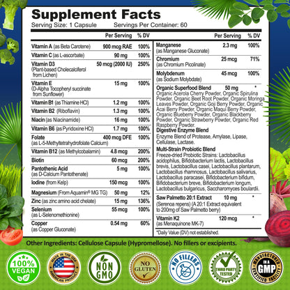 Men's Daily Multivitamin – Vegan Methylated Formula with Saw Palmetto, Biotin & Probiotics