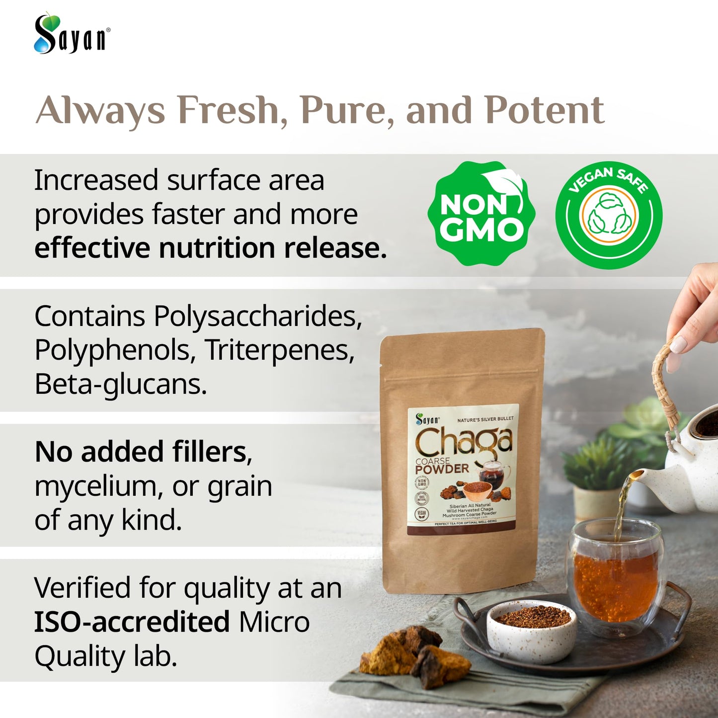 Sayan Siberian Coarse Chaga Powder – 4 oz (113 g) – Wild Harvested, Non-GMO