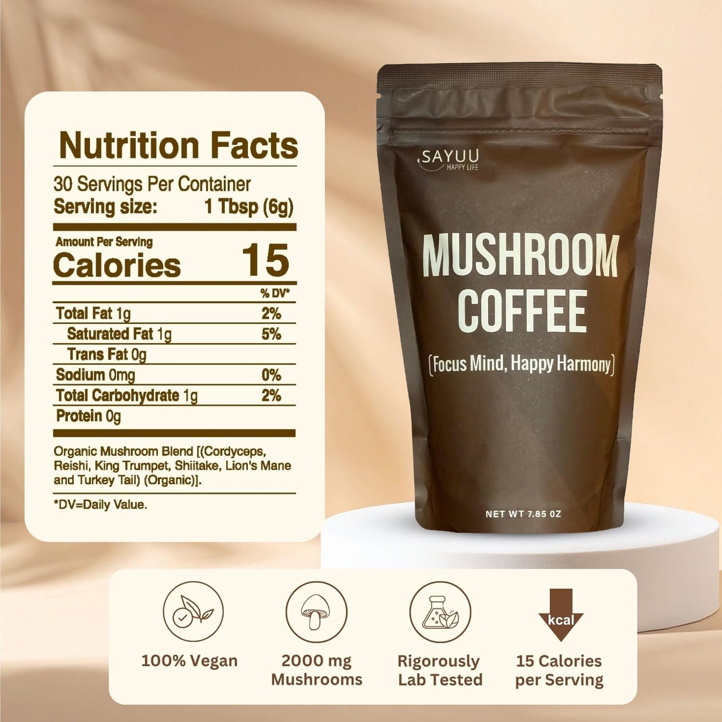 SAYUU Mushroom Coffee Blend – Focus, Energy & Harmony | Vegan Functional Mushrooms (Cordyceps, Lion’s Mane & Reishi) – 30 Servings