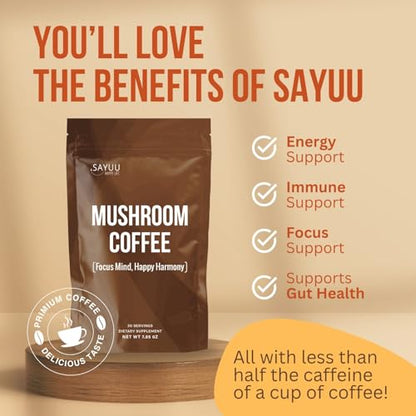 SAYUU Mushroom Coffee Blend – Focus, Energy & Harmony | Vegan Functional Mushrooms (Cordyceps, Lion’s Mane & Reishi) – 30 Servings