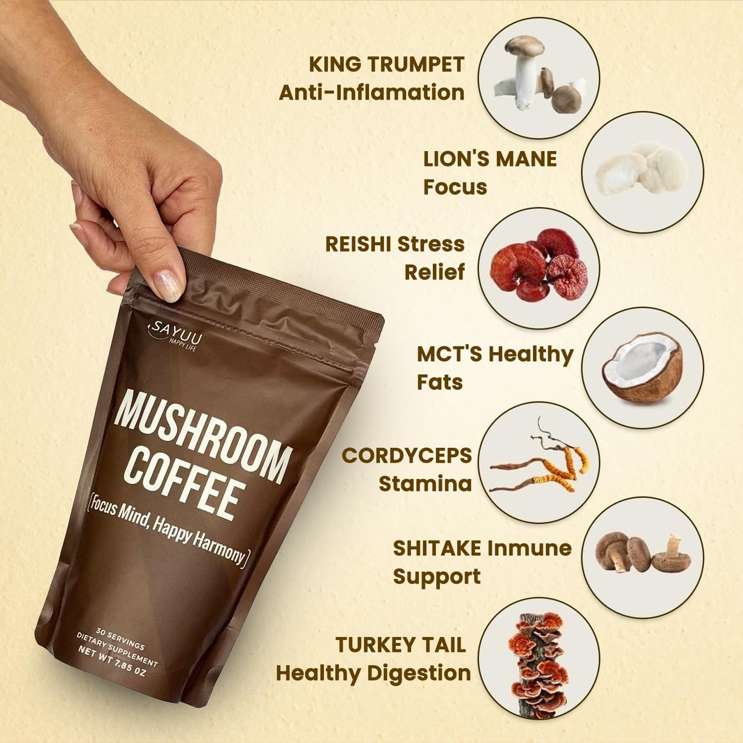 SAYUU Mushroom Coffee Blend – Focus, Energy & Harmony | Vegan Functional Mushrooms (Cordyceps, Lion’s Mane & Reishi) – 30 Servings