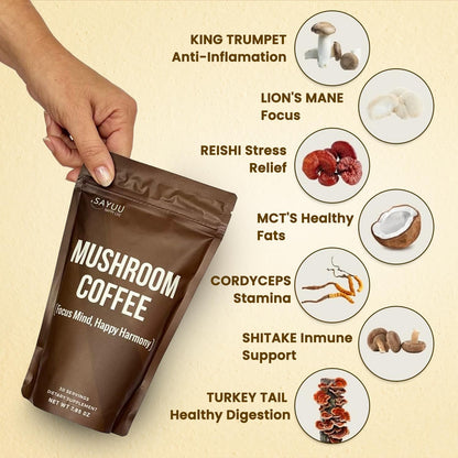 SAYUU Mushroom Coffee Blend – Focus, Energy & Harmony | Vegan Functional Mushrooms (Cordyceps, Lion’s Mane & Reishi) – 30 Servings