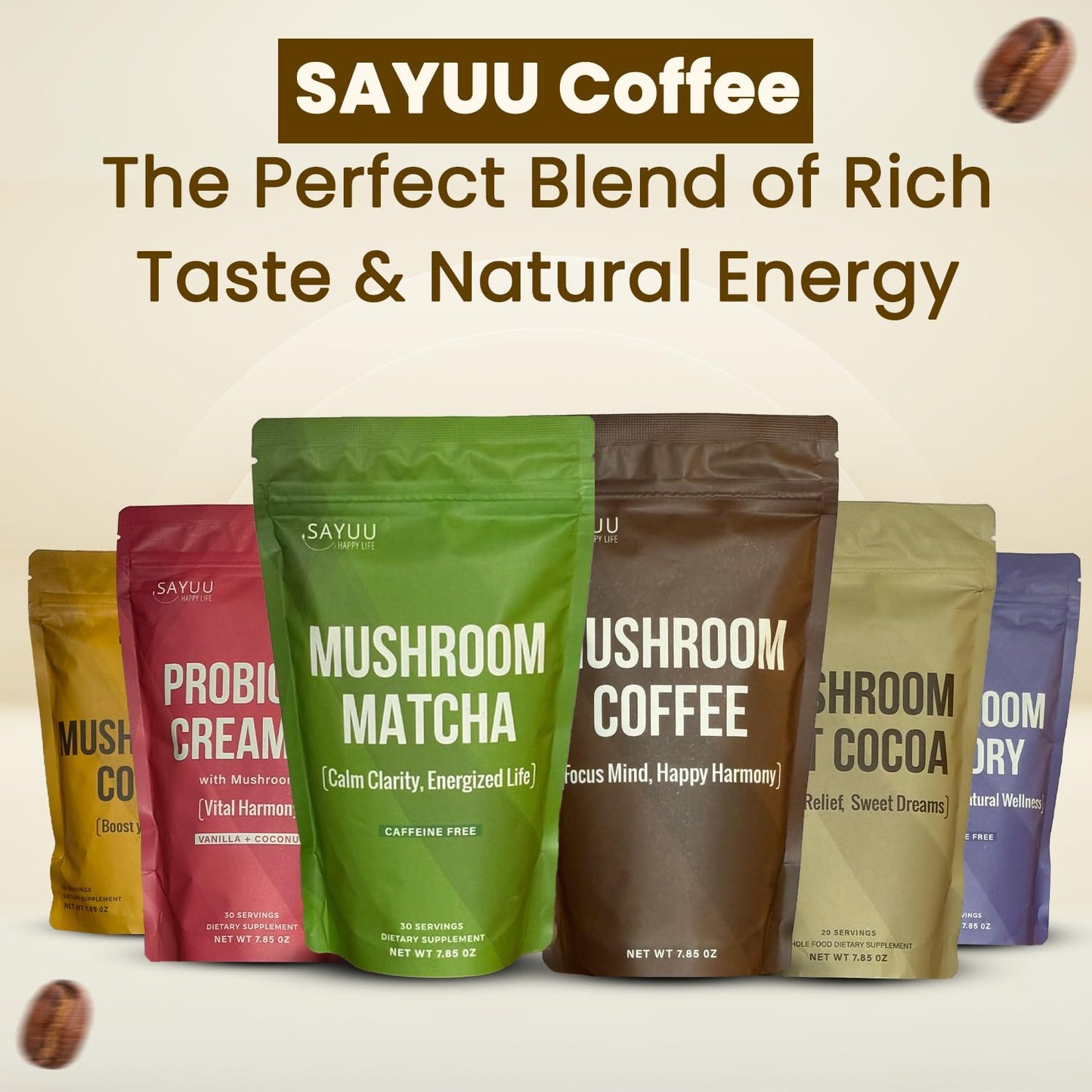 SAYUU Mushroom Coffee Blend – Focus, Energy & Harmony | Vegan Functional Mushrooms (Cordyceps, Lion’s Mane & Reishi) – 30 Servings