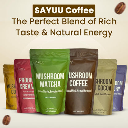 SAYUU Mushroom Coffee Blend – Focus, Energy & Harmony | Vegan Functional Mushrooms (Cordyceps, Lion’s Mane & Reishi) – 30 Servings