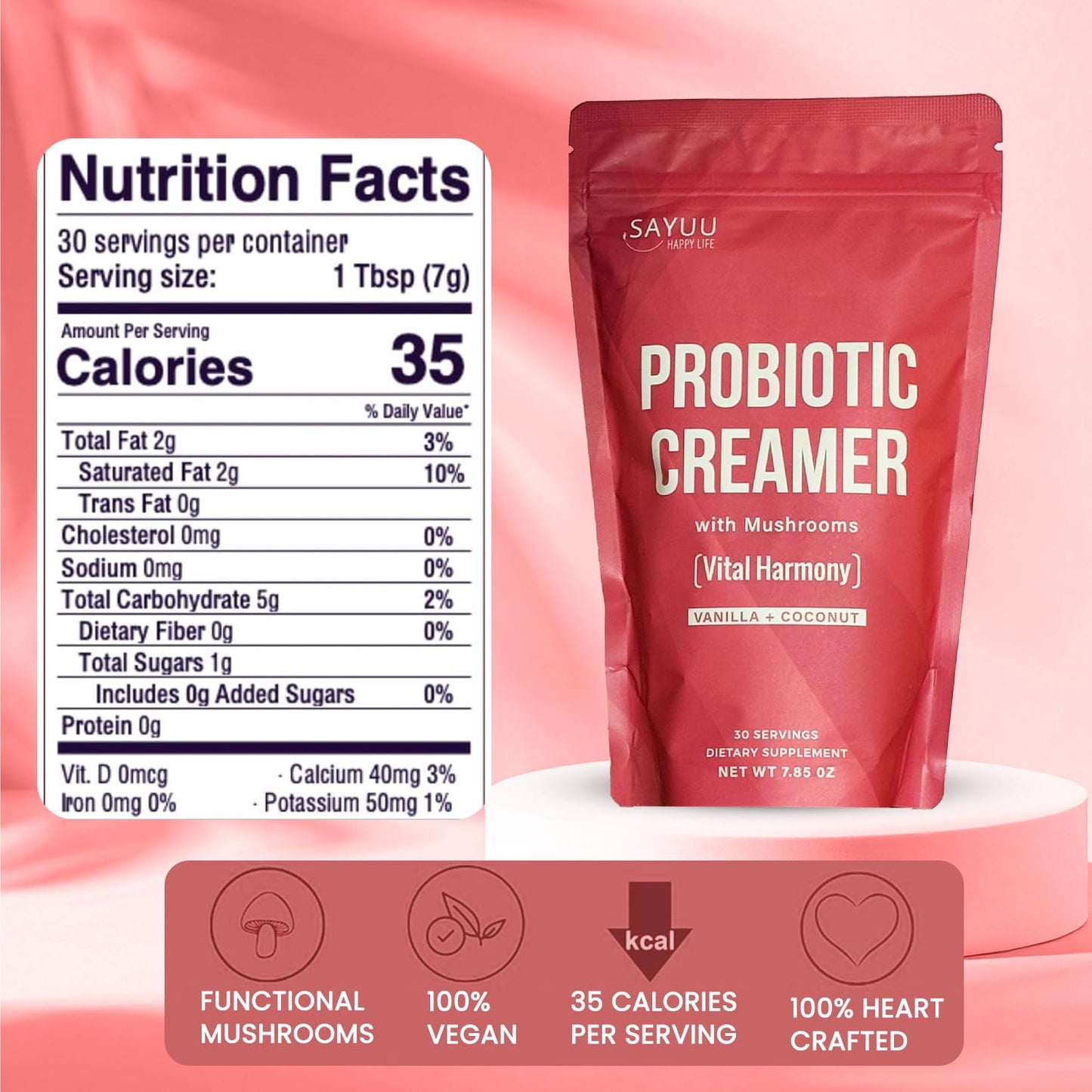 SAYUU Probiotic Creamer with Adaptogenic Mushrooms – Lion's Mane, Reishi & Cordyceps | 30 Servings