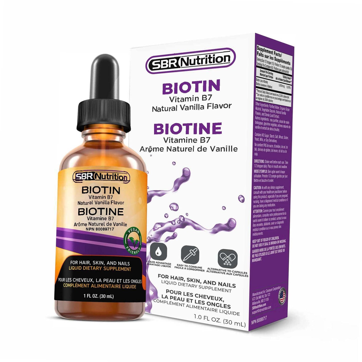 Biotin Liquid Drops by SBR Nutrition – 5000mcg/Serving, Vanilla, 60 Servings