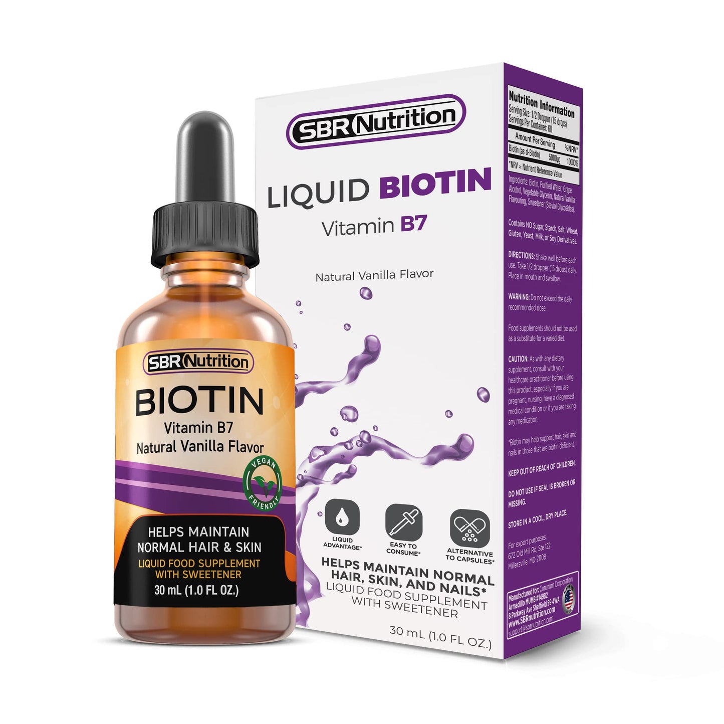 Biotin Liquid Drops by SBR Nutrition – 5000mcg/Serving, Vanilla, 60 Servings