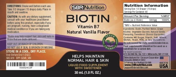 Biotin Liquid Drops by SBR Nutrition – 5000mcg/Serving, Vanilla, 60 Servings