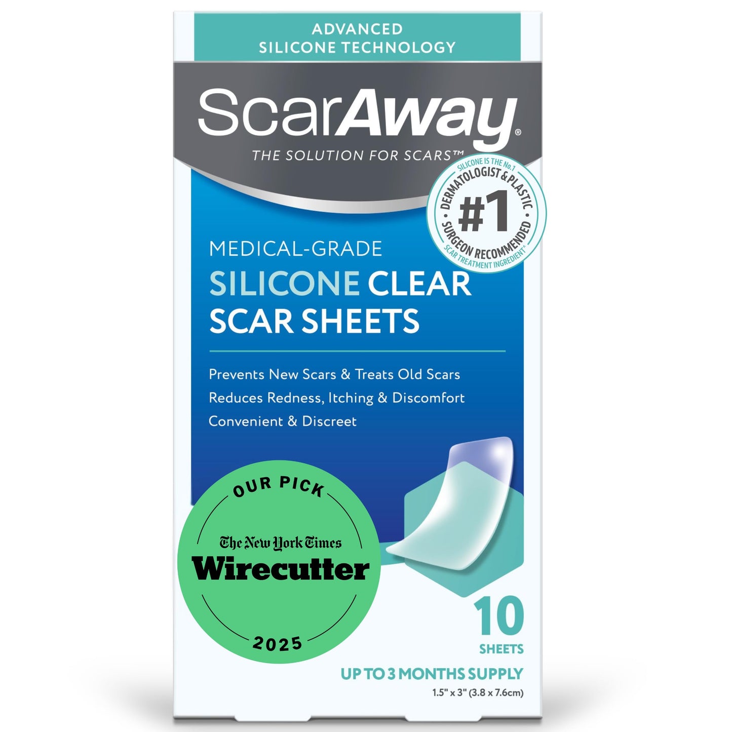 ScarAway Advanced Clear Silicone Scar Sheets (10 Count) – Medical-Grade Silicone Strips for Surgical, Burn, and Hypertrophic Scars