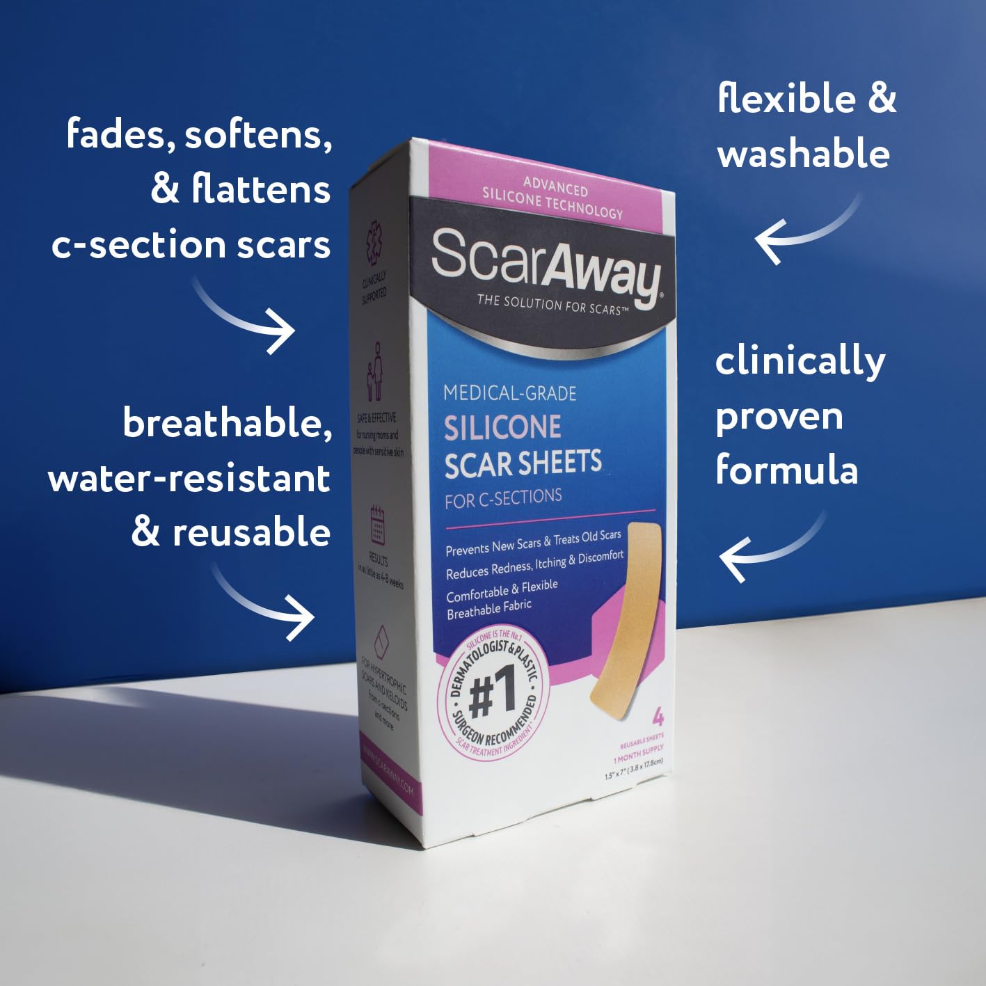 ScarAway Advanced Silicone Scar Sheets for C-Section & Surgeries – 4 Sheets (1.5” x 7”)