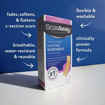 ScarAway Advanced Silicone Scar Sheets for C-Section & Surgeries – 4 Sheets (1.5” x 7”)