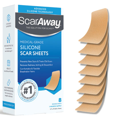 ScarAway Advanced Silicone Scar Sheets – 8 Tan Reusable Strips (1.5 x 3)