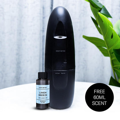 Scent Better Plug-In Waterless Diffuser for 500 sq ft – Free Linen Breeze (60 mL) – Black
