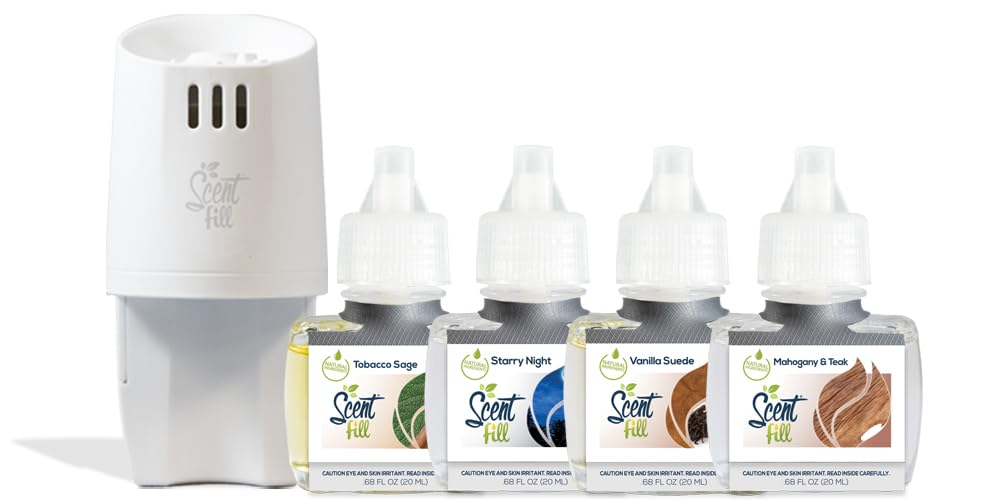 Scent Fill Masculine Kit – 4 Refills & Diffuser | Tobacco Sage, Starry Night, Vanilla Suede, and Mahogany Teak