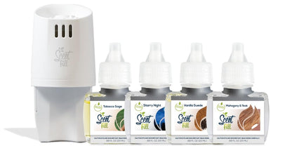 Scent Fill Masculine Kit – 4 Refills & Diffuser | Tobacco Sage, Starry Night, Vanilla Suede, and Mahogany Teak
