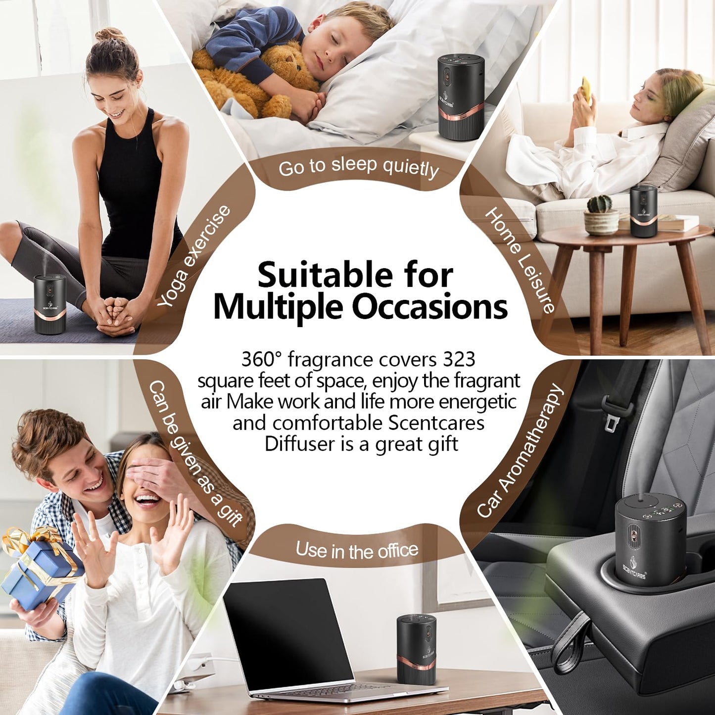 Scentcares Waterless Diffuser — Sentiment Diffuser with Cold-Air Diffusion, 2 Modes, 4 Timers, Rechargeable (Black)