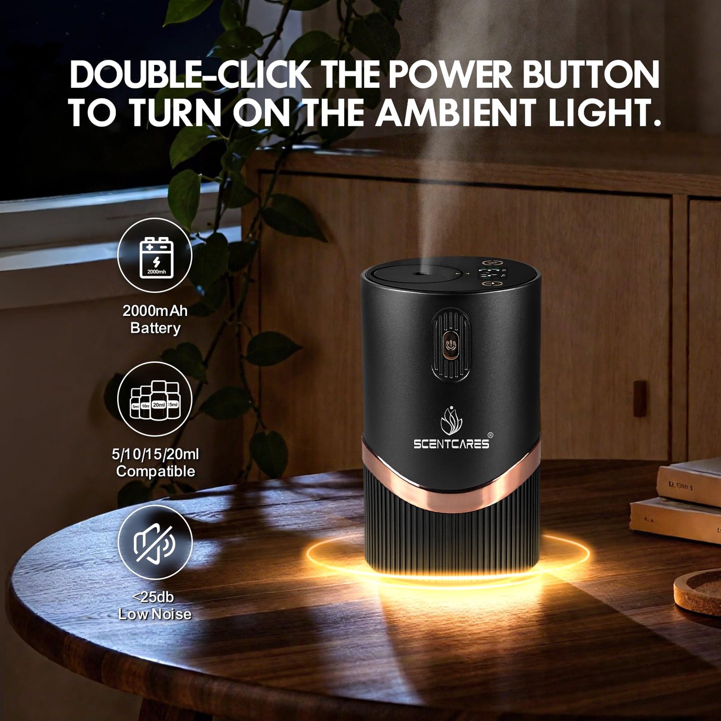 Scentcares Waterless Diffuser — Sentiment Diffuser with Cold-Air Diffusion, 2 Modes, 4 Timers, Rechargeable (Black)