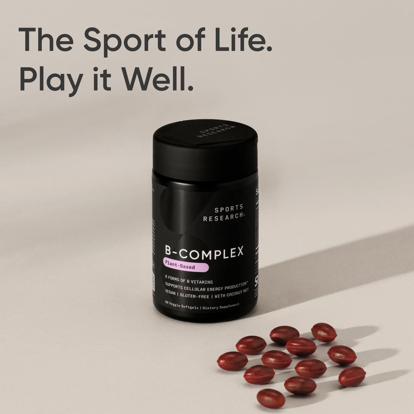 Sports Research Vitamin B-Complex – Full Spectrum B Vitamins with Methylated B12 & Folate | Gluten Free, Plant-Based, Non-GMO, Vegan-Friendly - 60 Veggie Softgels