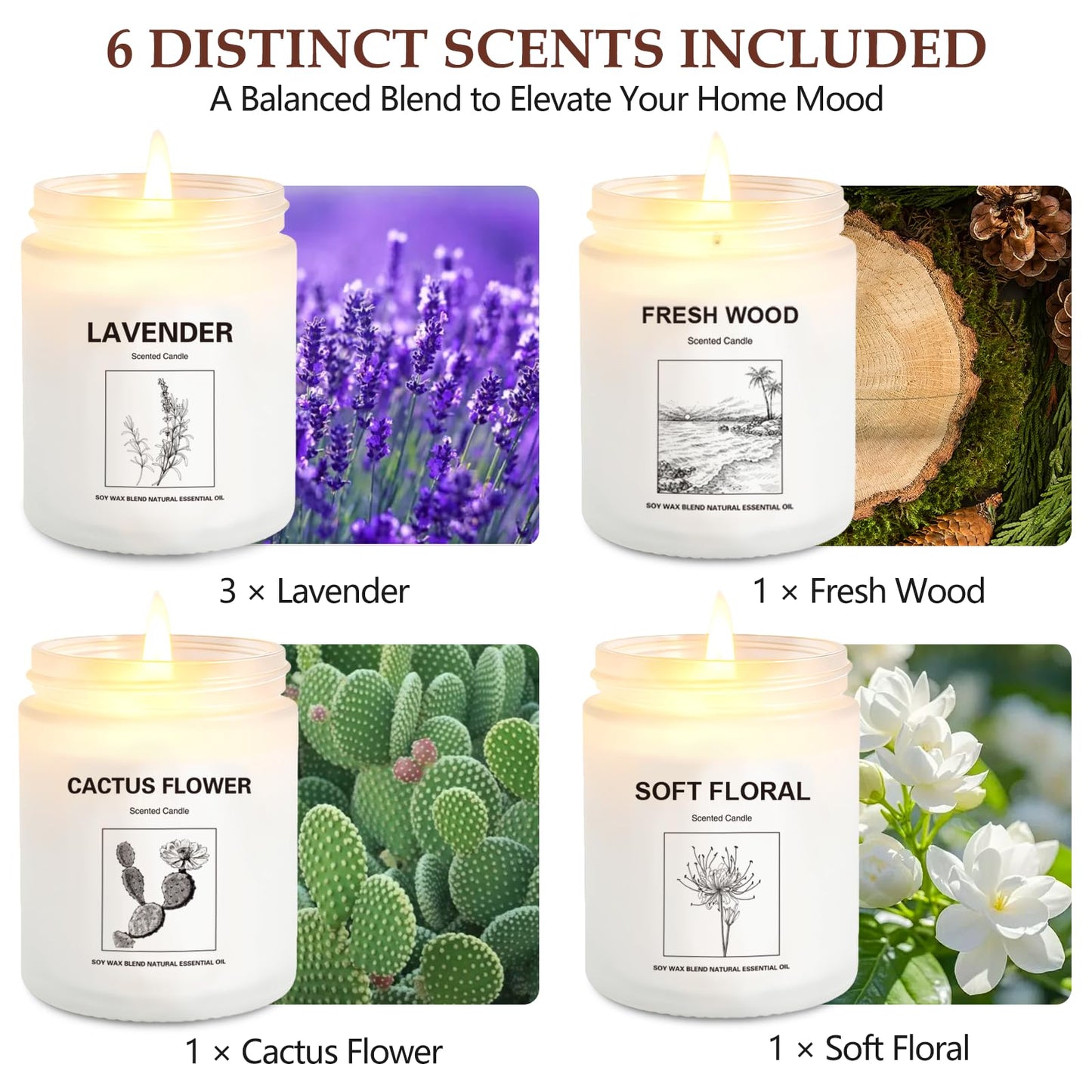 6-Pack Scented Candle Gift Set – Lavender & Fresh Wood Soy Candles