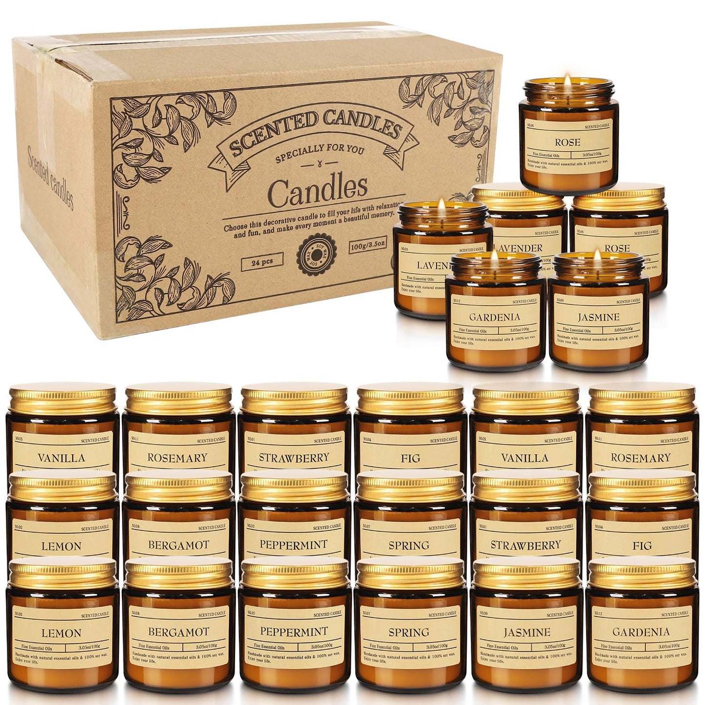 24-Pack Scented Candle Set – Soy Wax, Odor Elimination, Stress Relief Gift