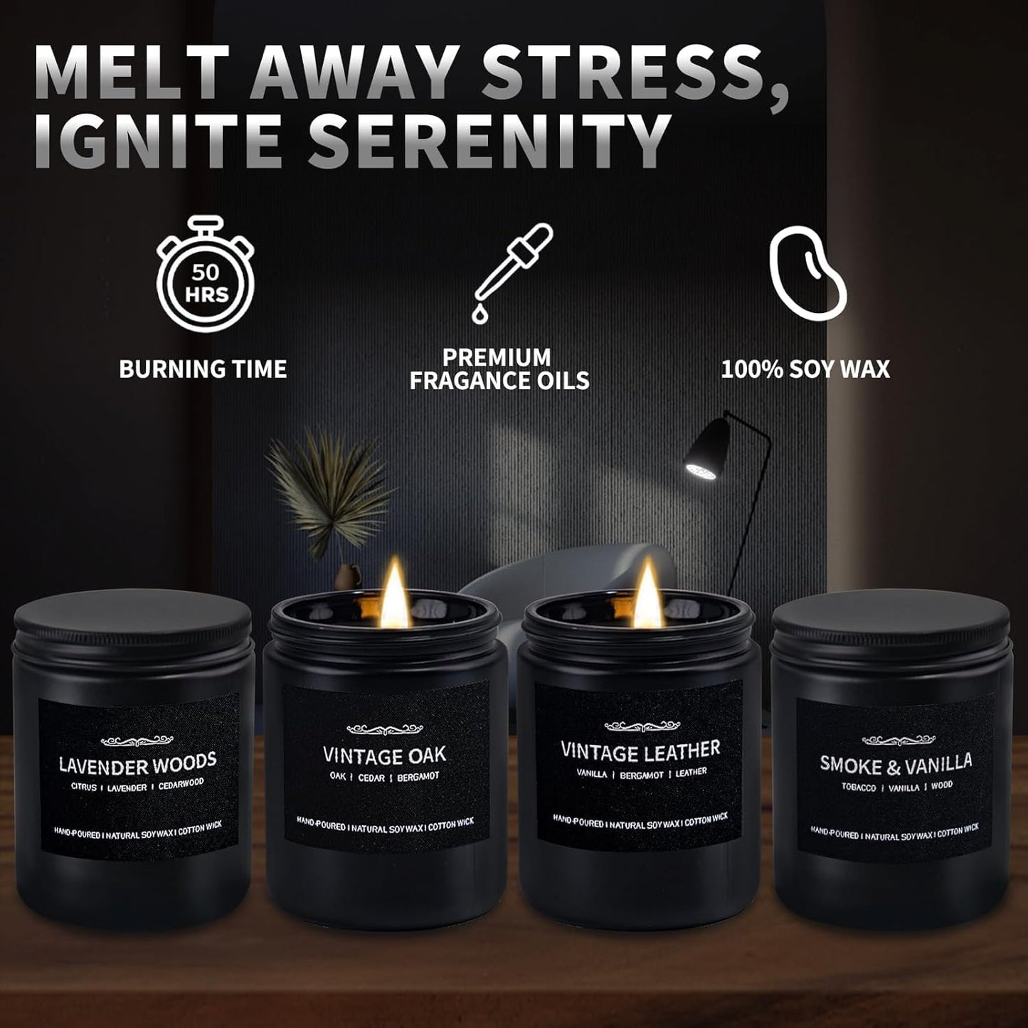Scented Candle Set for Men — 4-Pack Gift Box (Vanilla, Smoke, Leather, Oak, Lavender Wood)
