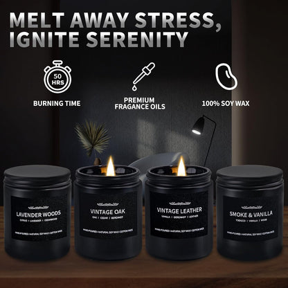 Scented Candle Set for Men — 4-Pack Gift Box (Vanilla, Smoke, Leather, Oak, Lavender Wood)