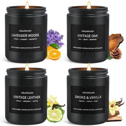 Scented Candle Set for Men — 4-Pack Gift Box (Vanilla, Smoke, Leather, Oak, Lavender Wood)