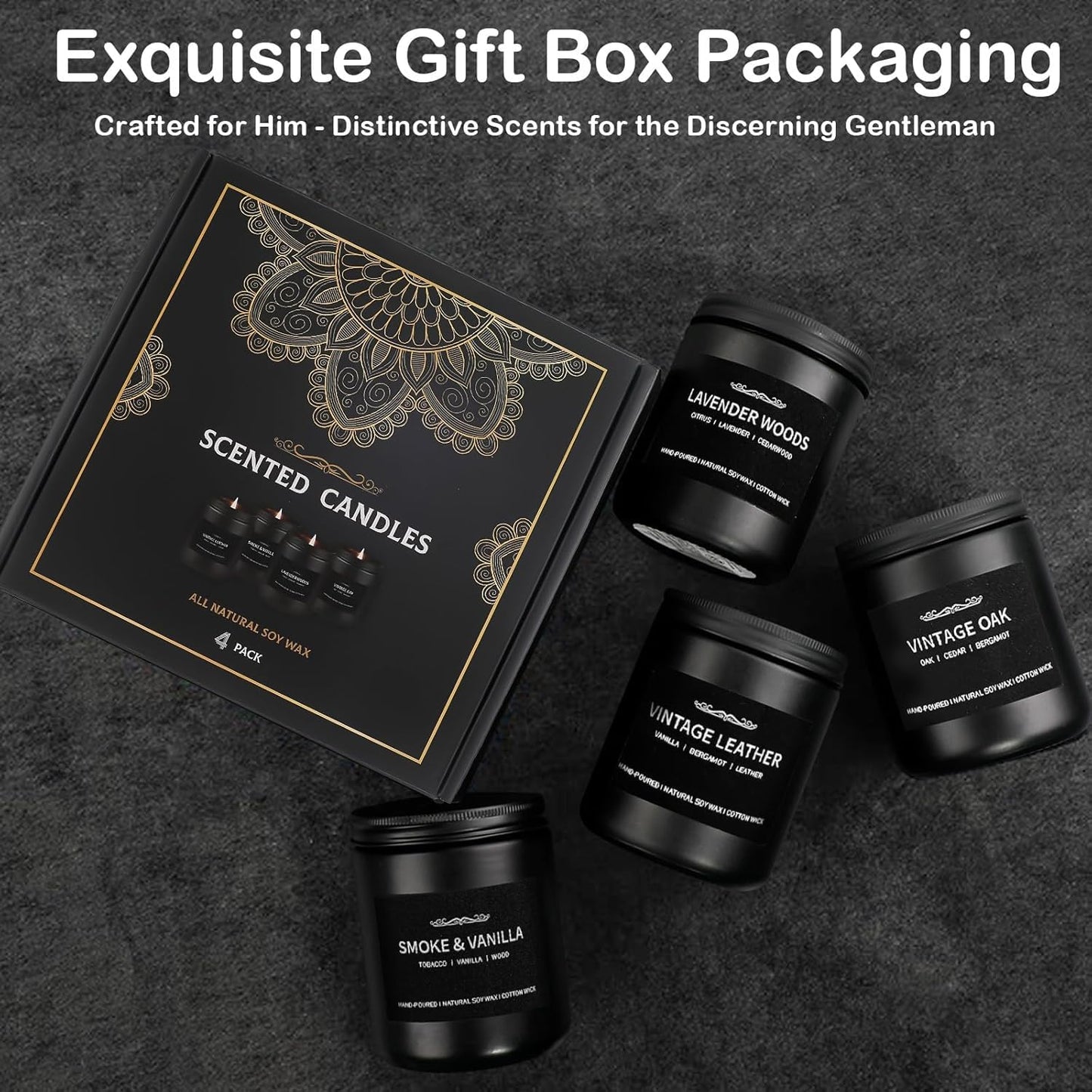 Scented Candle Set for Men — 4-Pack Gift Box (Vanilla, Smoke, Leather, Oak, Lavender Wood)