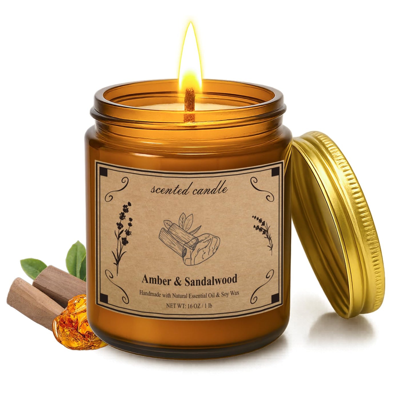 Scented Candles 16oz Large Jar Soy Wax Candle – Amber & Sandalwood | Aromatherapy & Gift