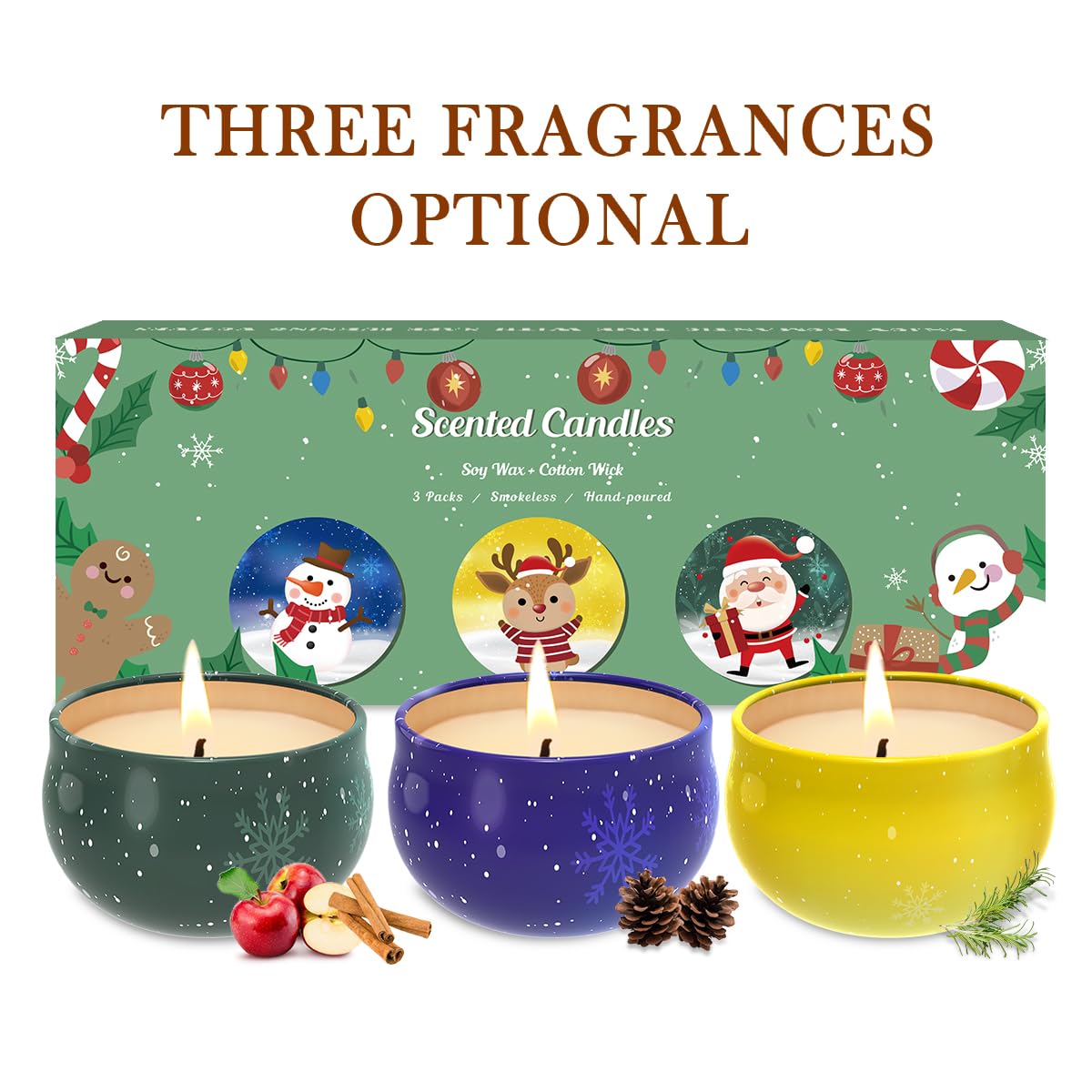 Scented Candles for Christmas - 3-Pack Gift Set (Soy Wax)