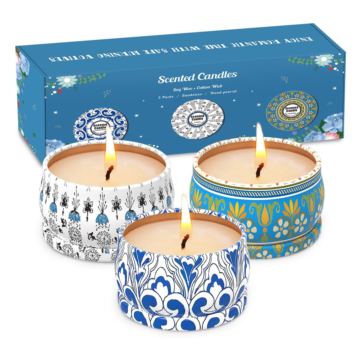 3-Pack Scented Candles Gift Set – 2.5oz Soy Travel Tin Candles (Amber Musk, Lemon, Lavender)