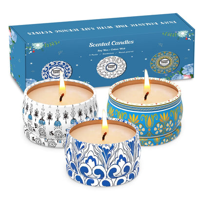 3-Pack Scented Candles Gift Set – 2.5oz Soy Travel Tin Candles (Amber Musk, Lemon, Lavender)