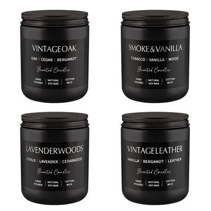 Scented Candles Gift Set - 4 Pack (7oz Each) Soy Wax Aromatherapy Candles | Leather & Smoke, Vanilla Oakmoss, Lavender