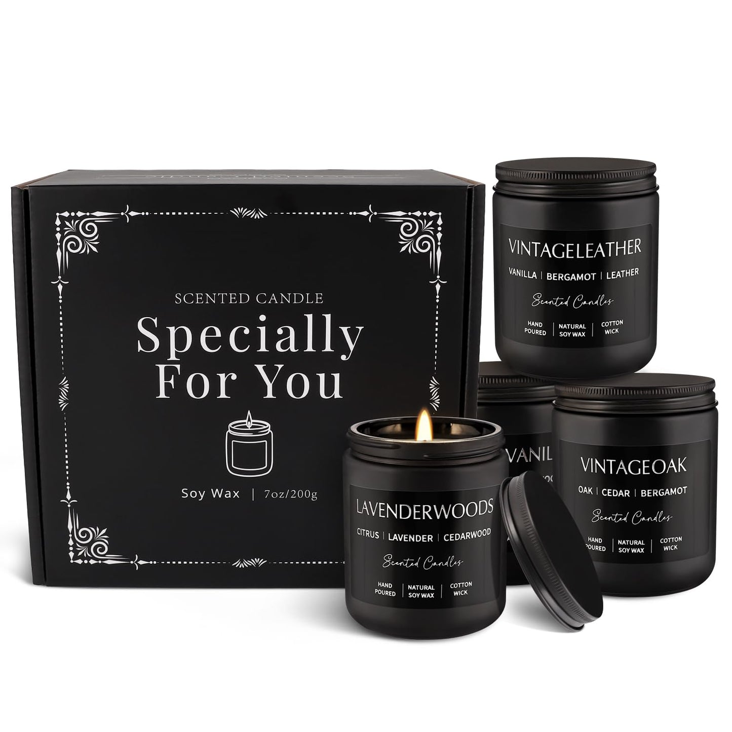 Scented Candles Gift Set - 4 Pack (7oz Each) Soy Wax Aromatherapy Candles | Leather & Smoke, Vanilla Oakmoss, Lavender