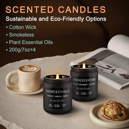 Scented Candles Gift Set - 4 Pack (7oz Each) Soy Wax Aromatherapy Candles | Leather & Smoke, Vanilla Oakmoss, Lavender