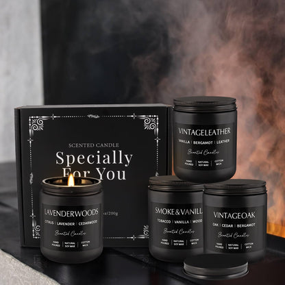 Scented Candles Gift Set - 4 Pack (7oz Each) Soy Wax Aromatherapy Candles | Leather & Smoke, Vanilla Oakmoss, Lavender